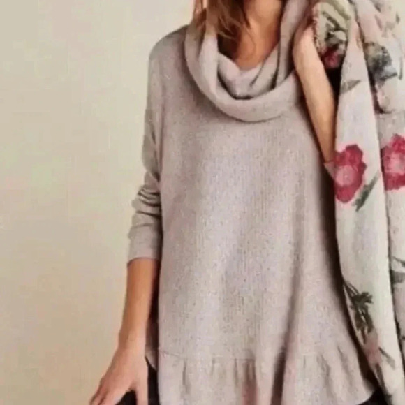 Anthropologie Maeve Addie Ruffled Hacci Pullover Sweater Brown Cream X-Small - Picture 2 of 8